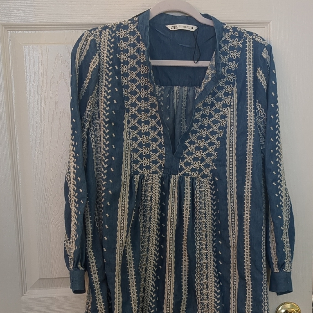 Zara Blue and Cream Patterned Dress